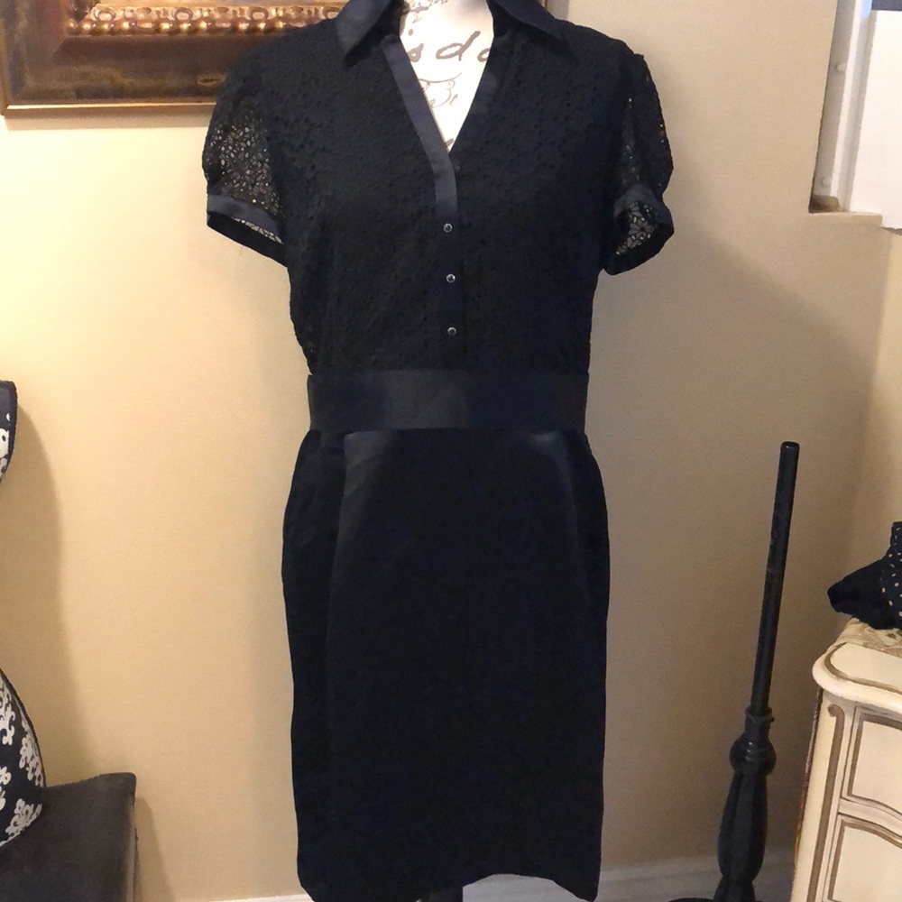 Carolina Herrera Crystal buttons satin collar, waist band, side zipper dress